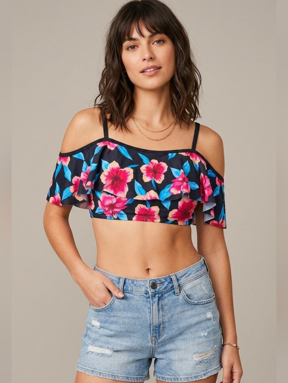 ACX Tropical Floral Off-The-Shoulder Ruffle Bikini Top,Y2K Festival Summer, L